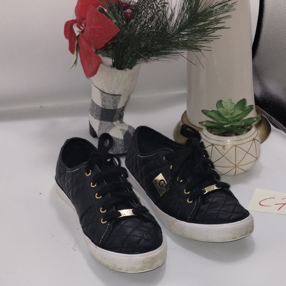 G by Guess Black Quilted Sneakers with Gold Accents